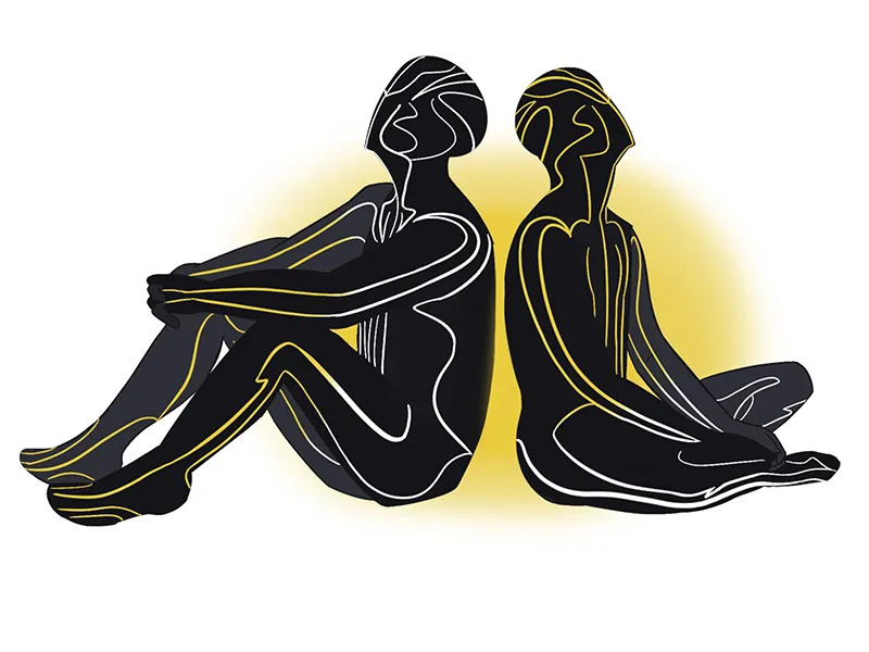 A drawing of two figures sitting back to back