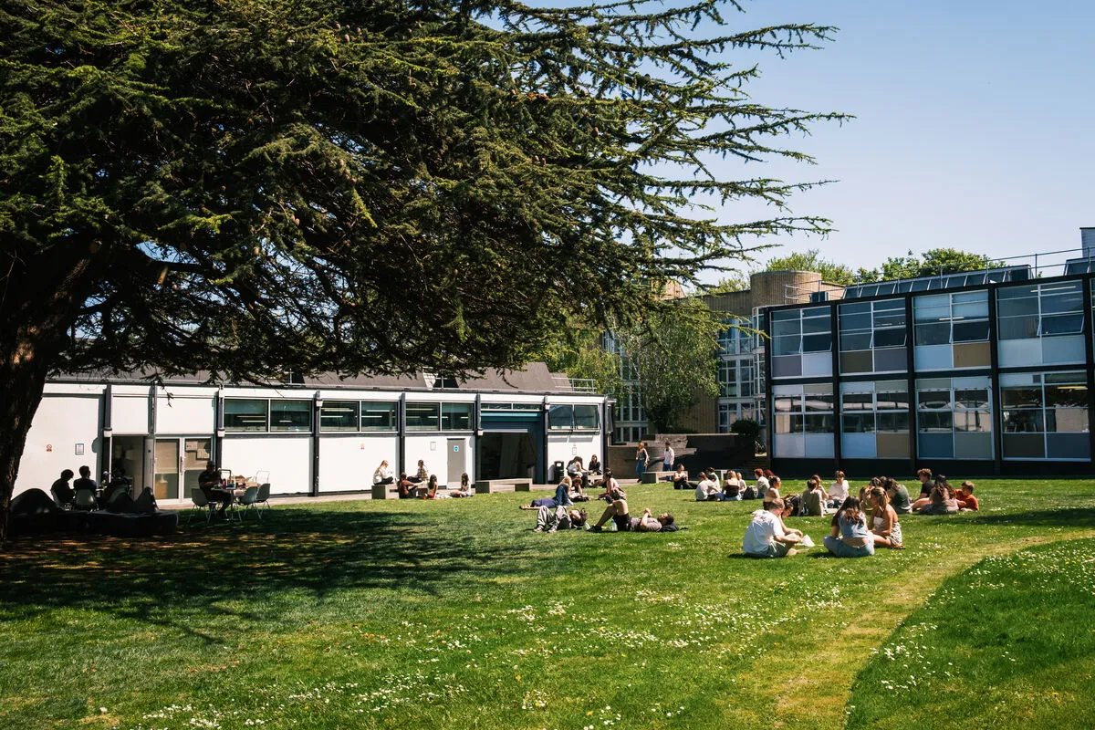 Exterior view of Canterbury campus, there is a large tree on the left over a small field with people dotted around. You can see a white building in the background.