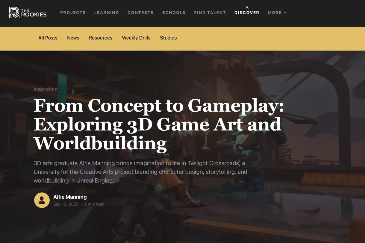 A screenshot form Alfie's article on The Rookies. Text reads: From Concept to Gameplay: Exploring 3D Game Art and Worldbuilding 3D arts graduate Alfie Manning brings imagination to life in Twilight Crossroads, a University for the Creative Arts project blending character design, storytelling, and worldbuilding in Unreal Engine.