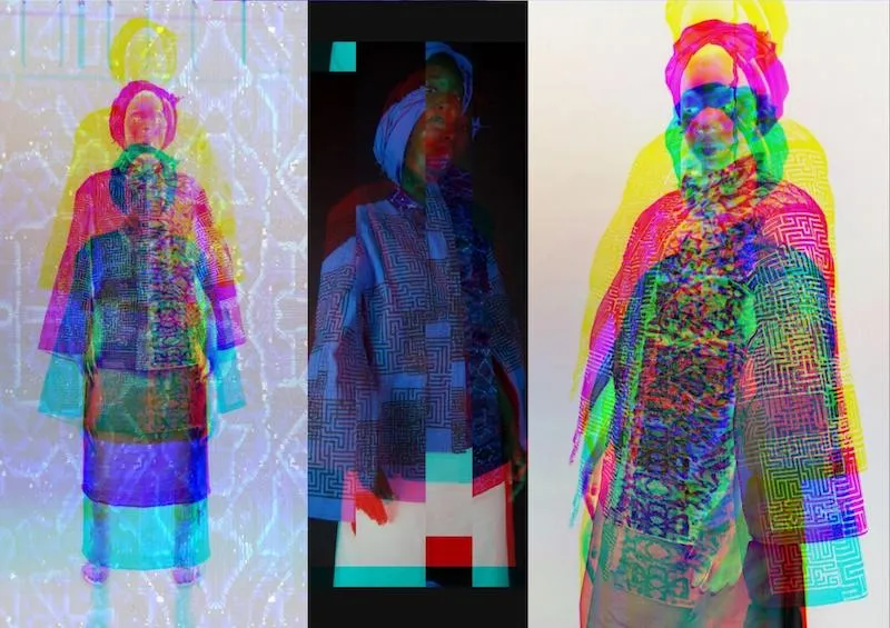 A photograph that shows three versions of a model wearing textiles designed by Danielle Hall, with a heavy contrast filter over them