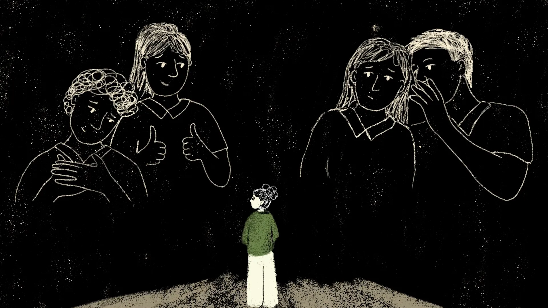 An animated still of Divid showing a girl looking at two sides of her family by Lauren Denyer