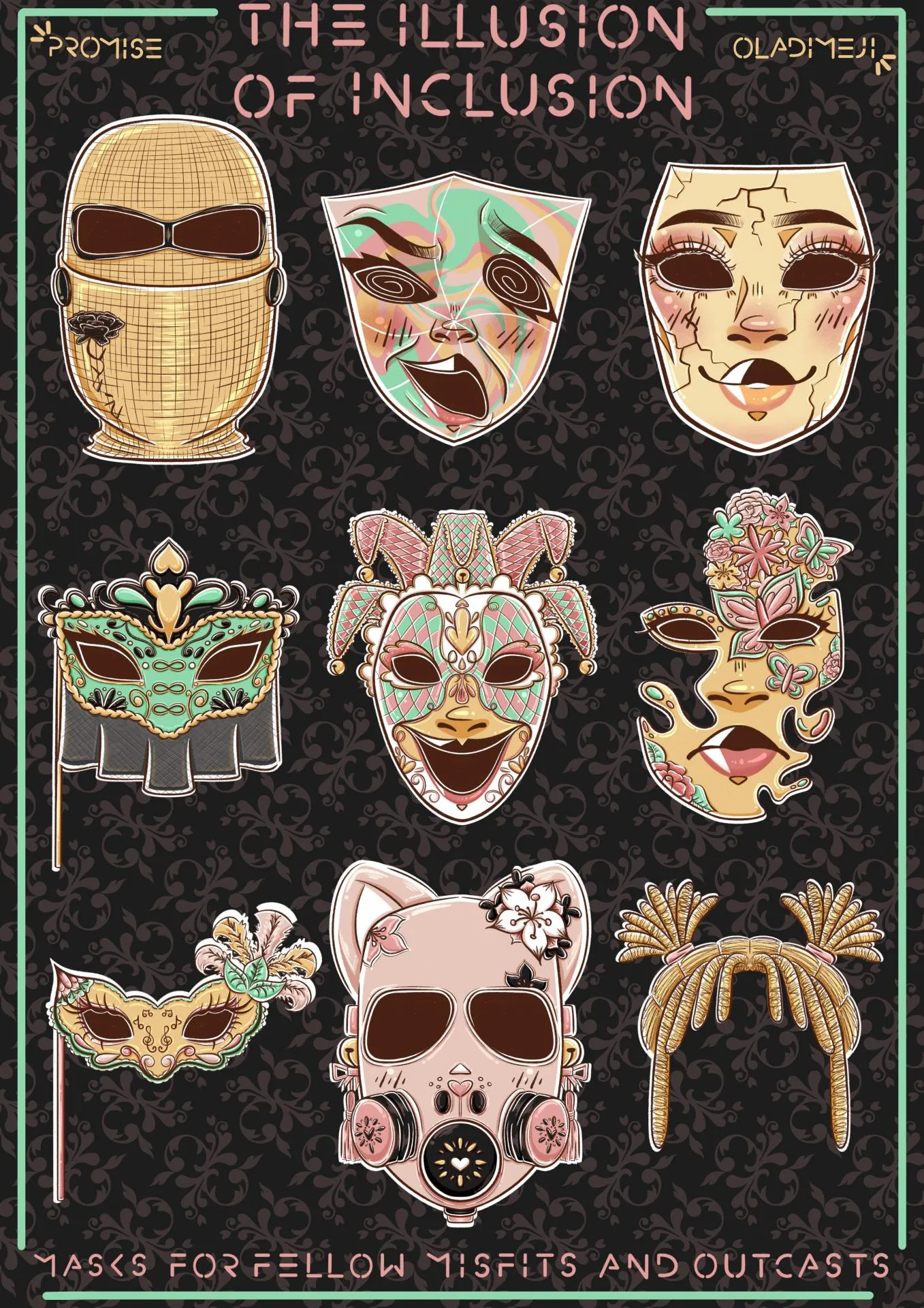 A poster of nine masks designed by Illustration student Promise Oladimeji