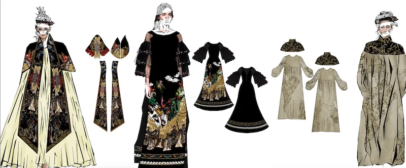 Image shows a composite of three intricate fashion designs reflecting Hazara community heritage and culture Hijjab Waqar Hussein