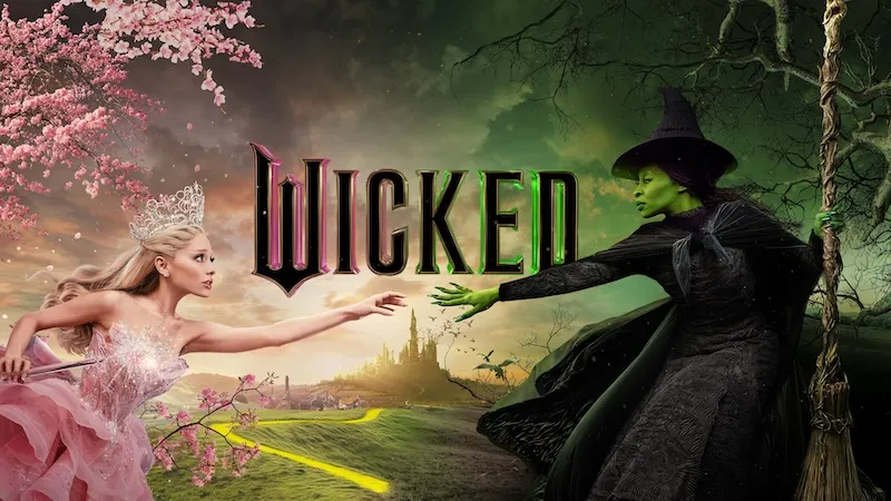 Promotional image showing ariana grande as glinda and cynthia erivo as elphaba for the movie Wicked