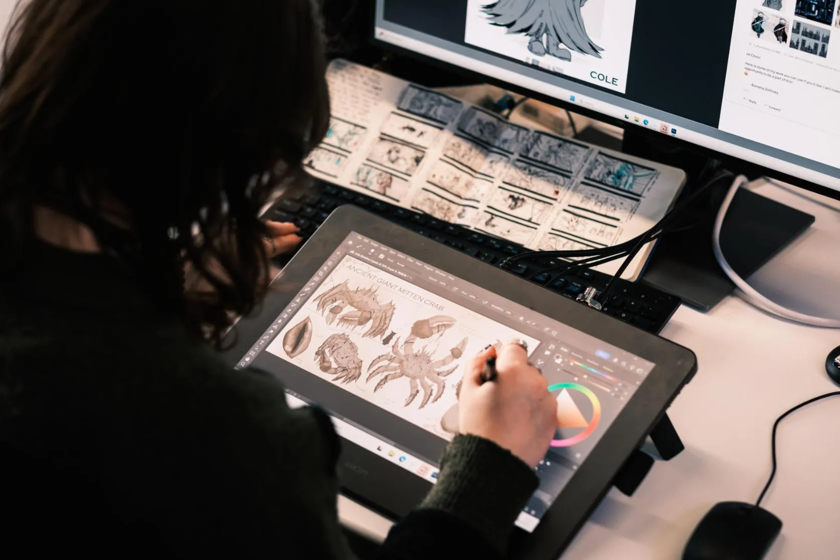 Student working on concept art in a games studio