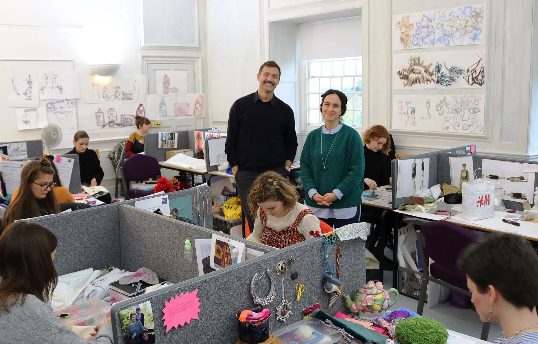 Patrick Grant with visiting lecturer and textile artist Celia Pym Degree students at the Royal School of Needlework