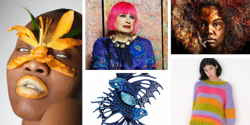 Artists clockwise from left: Danielle Kealey, Dame Zandra Rhodes by Sarah Mireya, Michi Masumi, Hope Macaulay, Brooch by Stephen Webster.