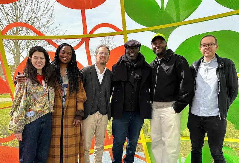 (L-R): Mihaela Yankova, Aishat Bello, Pro Vice-Chancellor Profesor Terry Newman, sound artist Peter Adjaye, Yinka Ilori MBE, Daniel Tollady Interiors Lecturer
