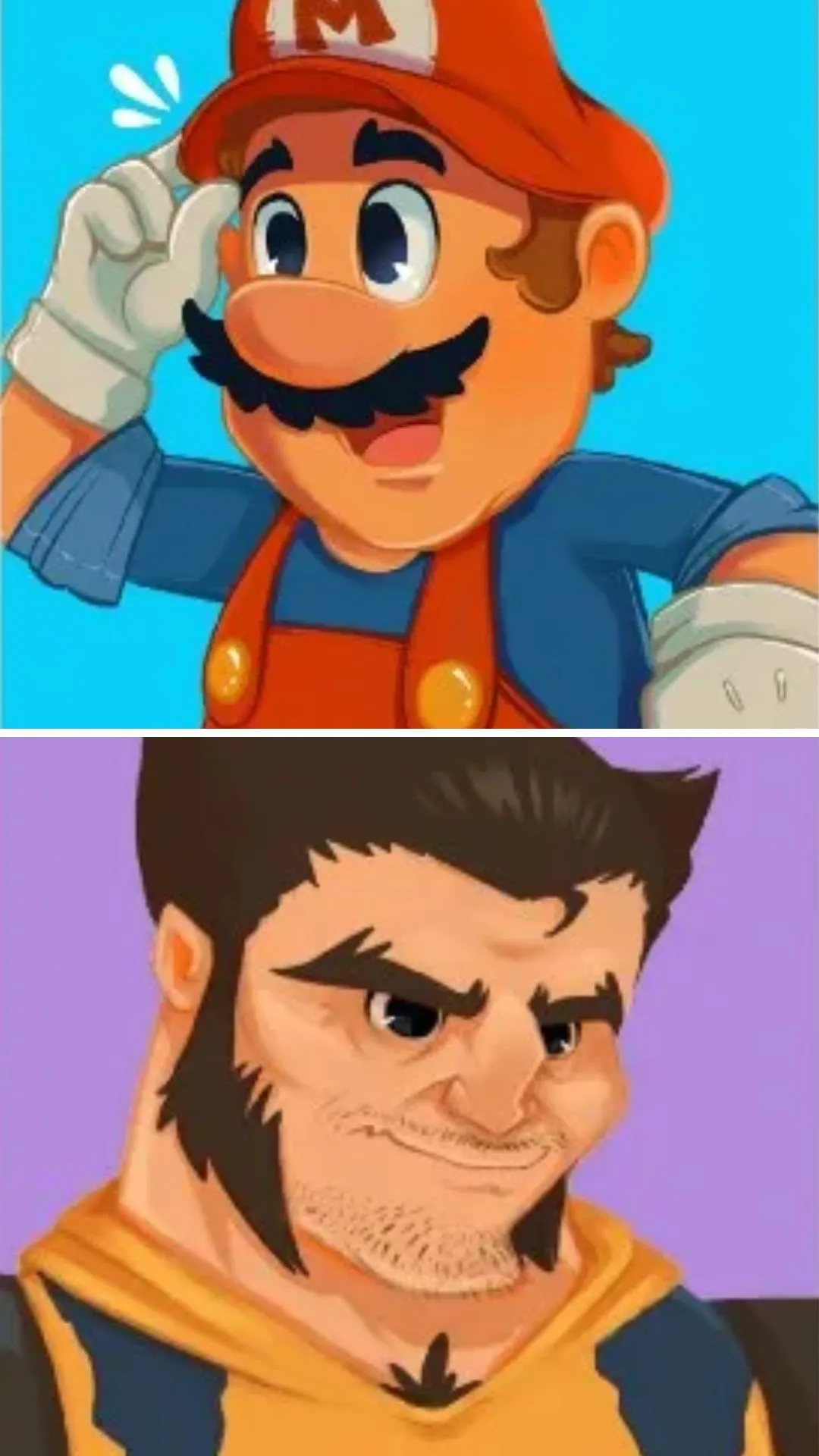 Drawings of Mario and Wolverine by Lewis Blythe