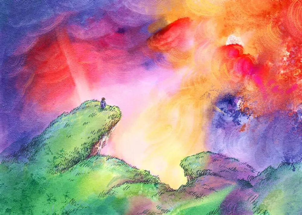 A yellow, orange, red and purple pastel background. In the foreground, a small illustrated figure is standing at the end of a grassy cliff.