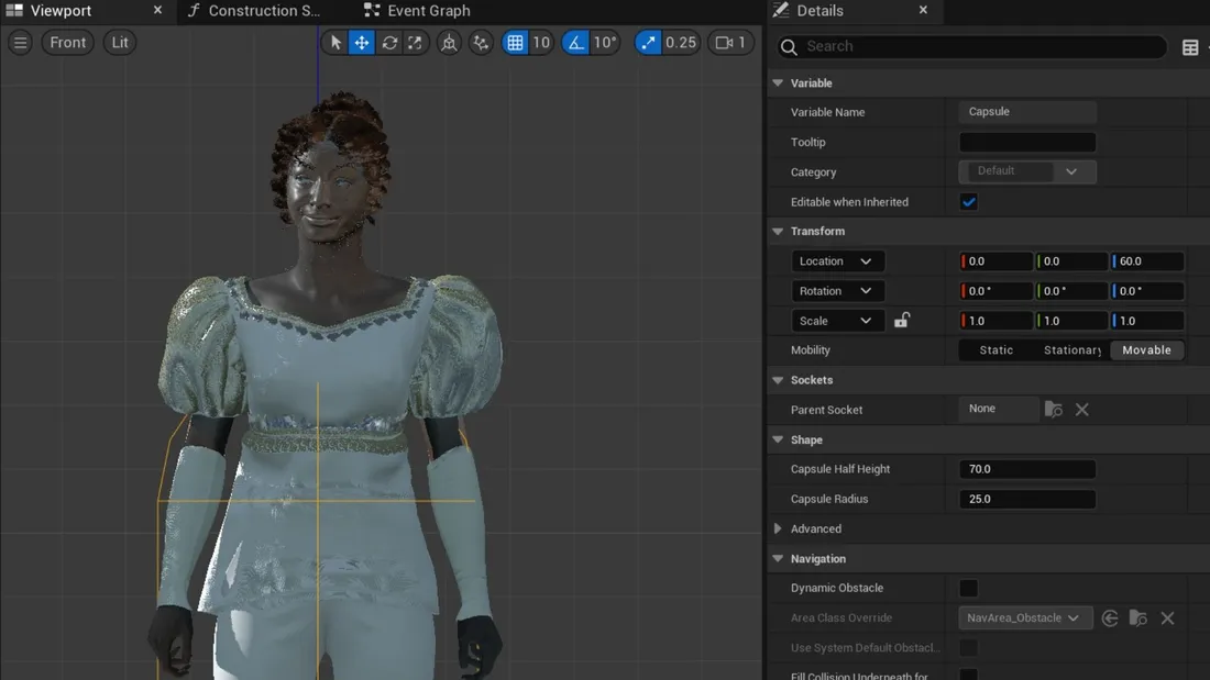 Work in progress of the 3D model for the Elizabeth Bennet avatar, showing the 3D model and graphic interface windows