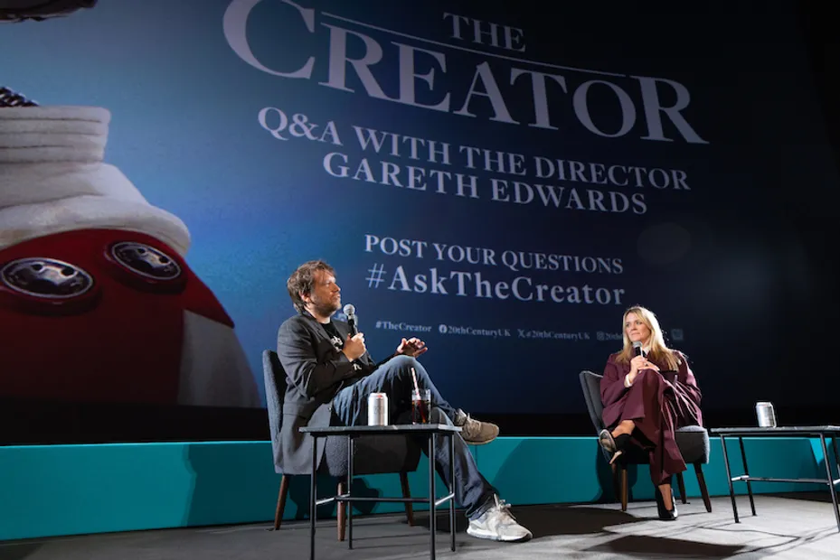 UCA alumni Gareth Edwards being interviewed by Edith Bowman at the premiere of The Creator