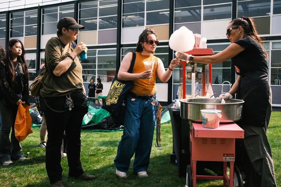 Students getting candy floss at the Freshers' Fair