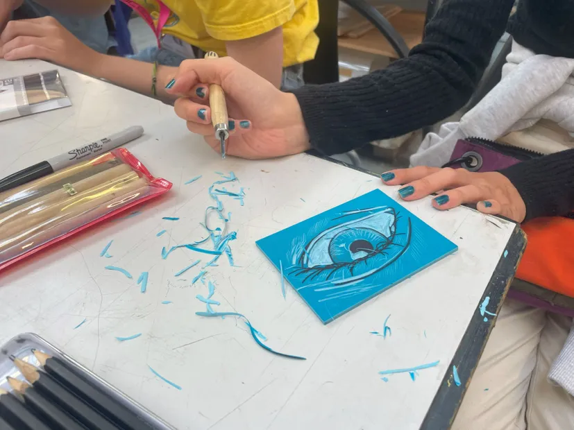 students artwork in lino workshop