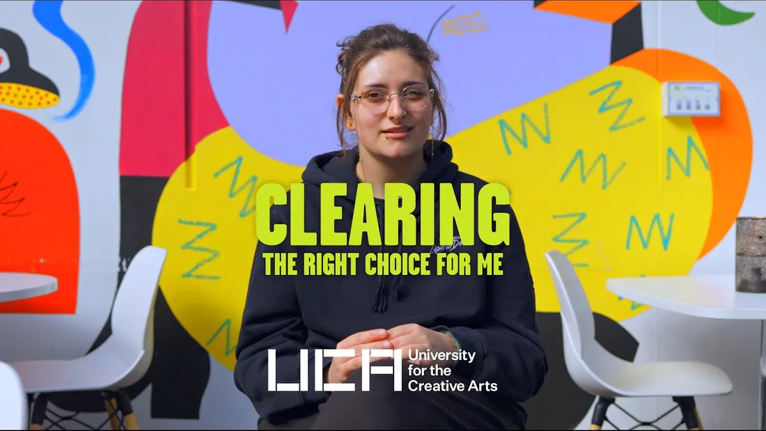 A student talking to camera with text saying 'Clearing: the right choice for me'