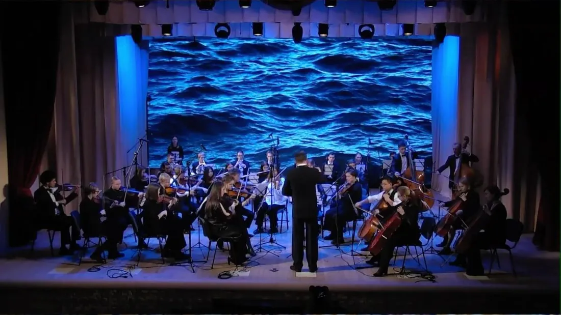 A still of an orchestra from an online performance of Coriolanus