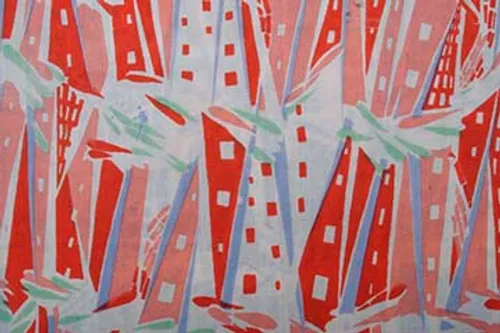 Hand-printed swatch, ‘Metropolis’. Design by Georgina von Etzdorf, 1981. © Georgina von Etzdorf / Crafts Study Centre (2009.20.35)