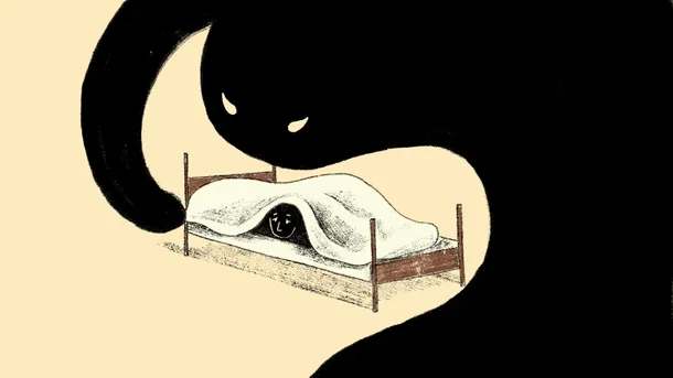 An animation still of a person hiding under their duvet cover by Lauren Denyer