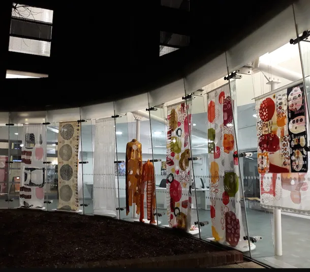 Photo shows textiles work by Kas Williams on display at UCA Epsom's Link Gallery