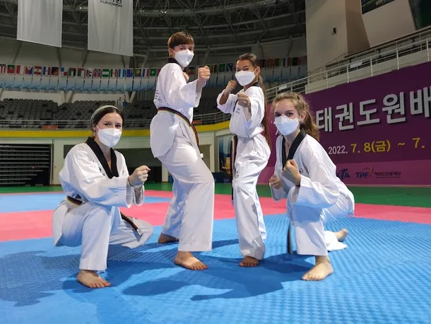 Image shows students Mari Fox-Harwood, Sophie Brown and friends taking a taekwando class