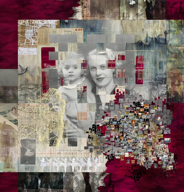 Artwork from Neil Bottle's All That Remains exhibition showing an old family photograph surrounded by collage