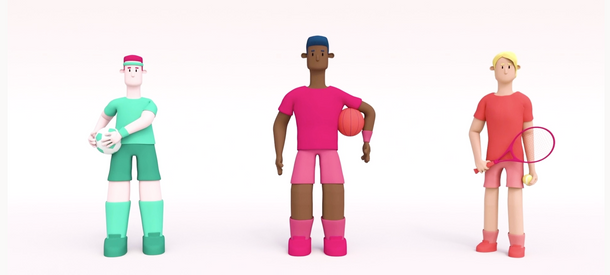 Animation of three sportspeople holding different balls