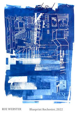 Cyanotype print of Rochester, part of the final major project of student Rue Webster