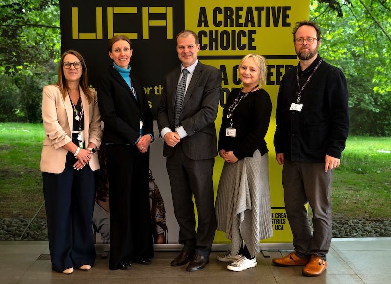 From l-r: Emma Hobbs Assistant Principal for Partnerships & Progression at Farnborough Sixth Form College, Zoe Smallman Principal of Farnborough Sixth Form College, Mark Ellul UCA Joint Vice-Chancellor, Sophy Smith UCA Farnham Executive Dean, Tom Northey Associate Dean UCA Farnham.
