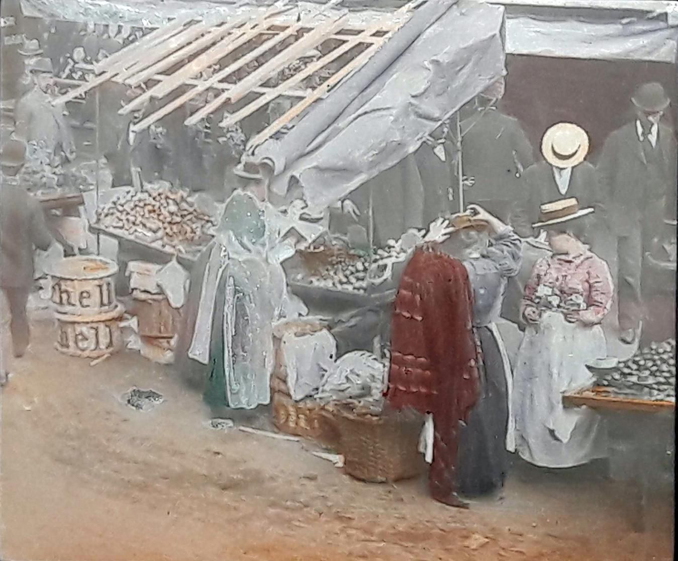 Historic photo of London market stalls Historic photo of London market stalls